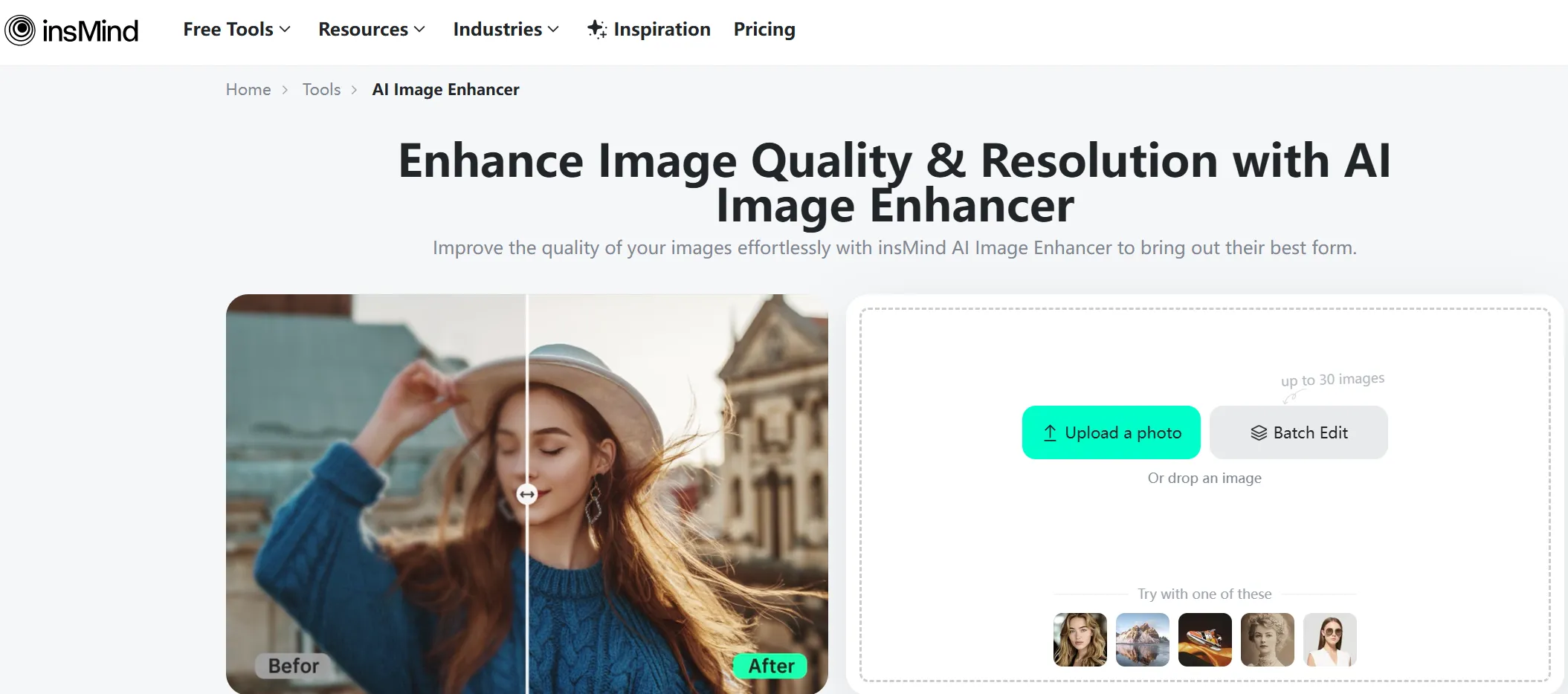 Screenshot showing how to access the AI Image Enhancer Tool in the insMind interface