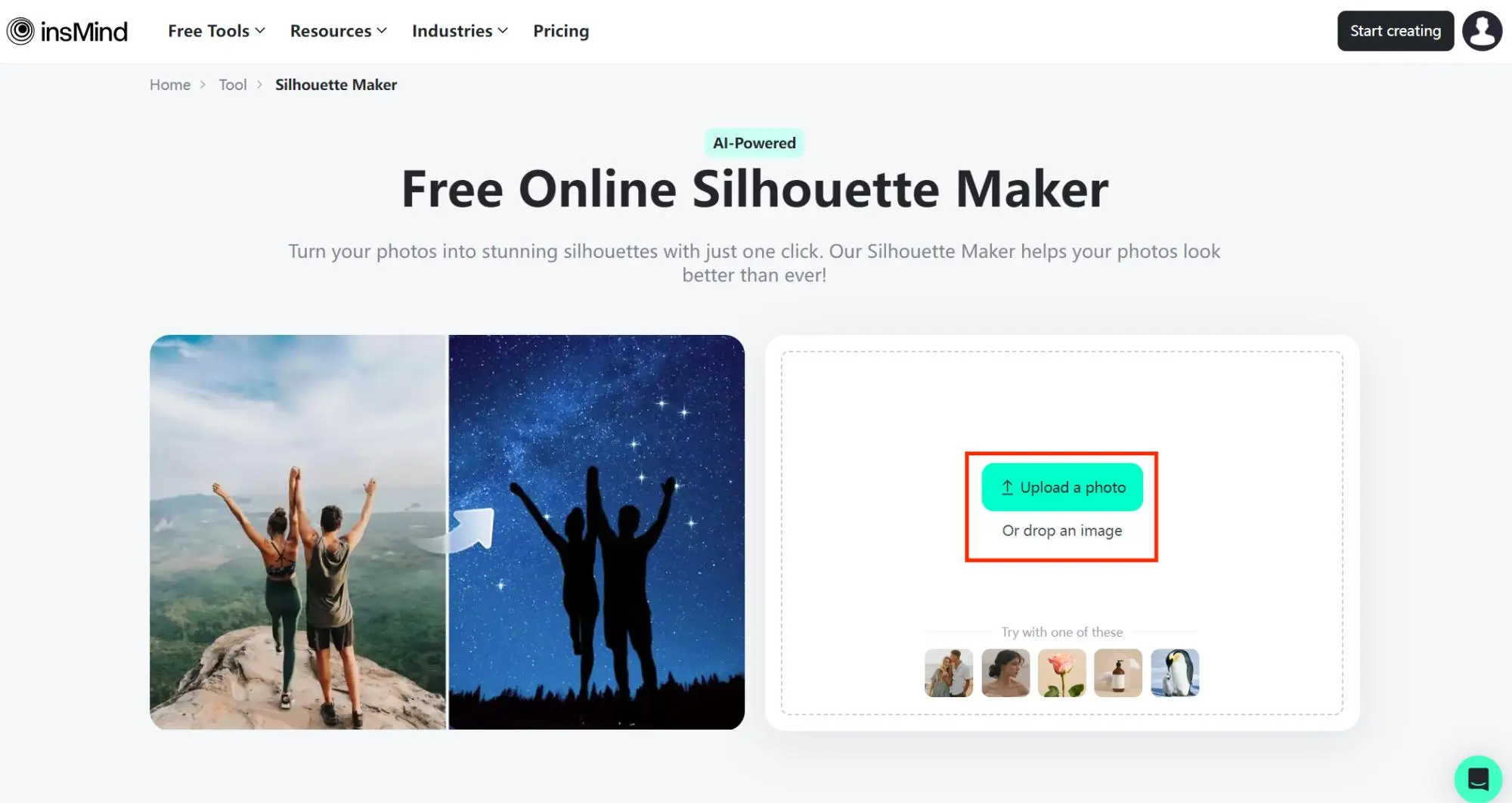 Screenshot of the tool page of insMind's Silhouette Maker - How to Make a Silhouette