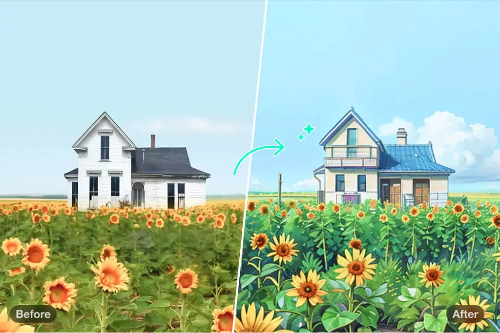 Ghibli style image generator result showing dreamy landscape scene