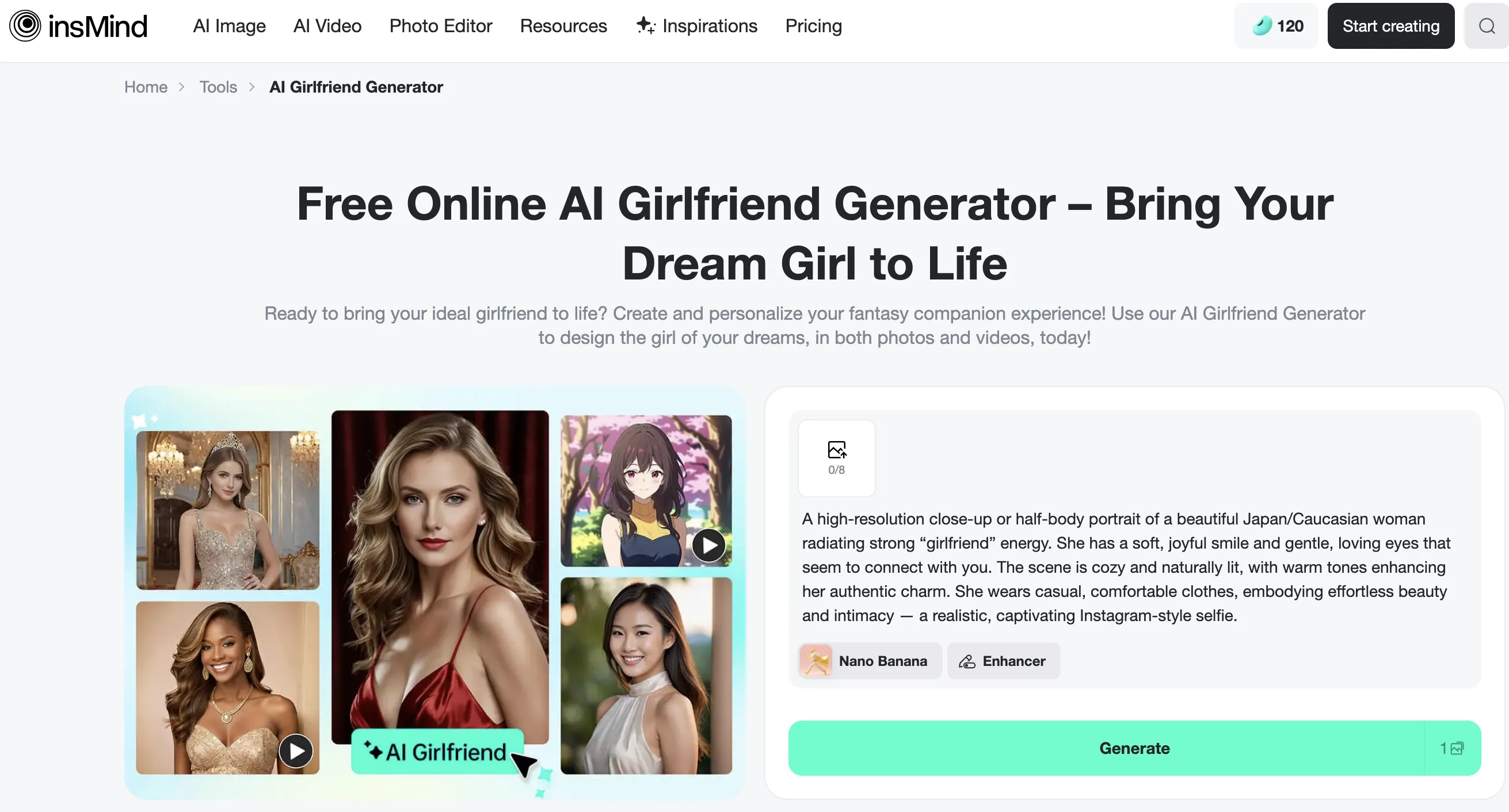 Screenshot of insMind AI Girlfriend Generator homepage Screenshot of insMind AI Girlfriend Generator homepage opened in a web browser.