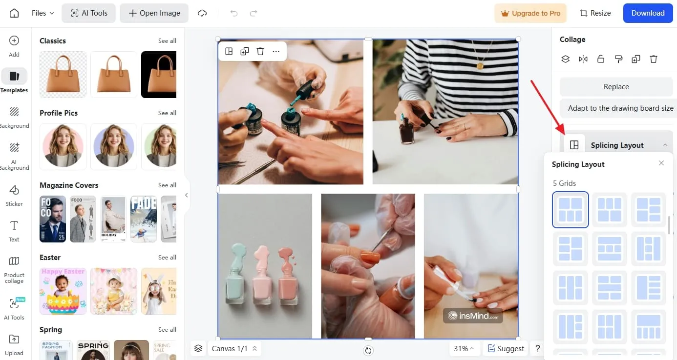 choose different layouts to stitch photo