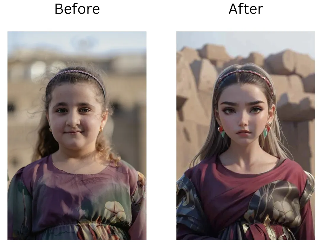 Demonstration image showing a photo before and after adding Disney Princess Filter using the insMind tool