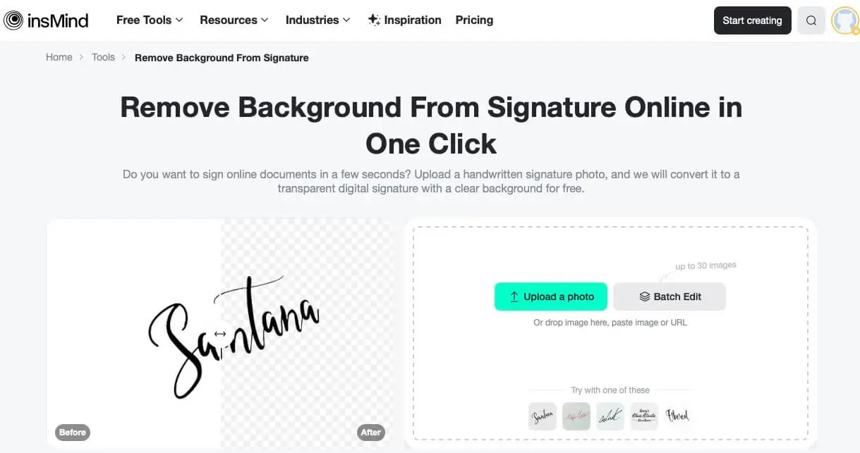 Start removing background from your signature using insMind’s free online tool.