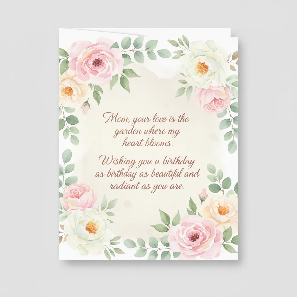 Floral Birthday Card for Mom A watercolor floral birthday card for Mom with soft colors and a heartfelt message that expresses love and warmth.