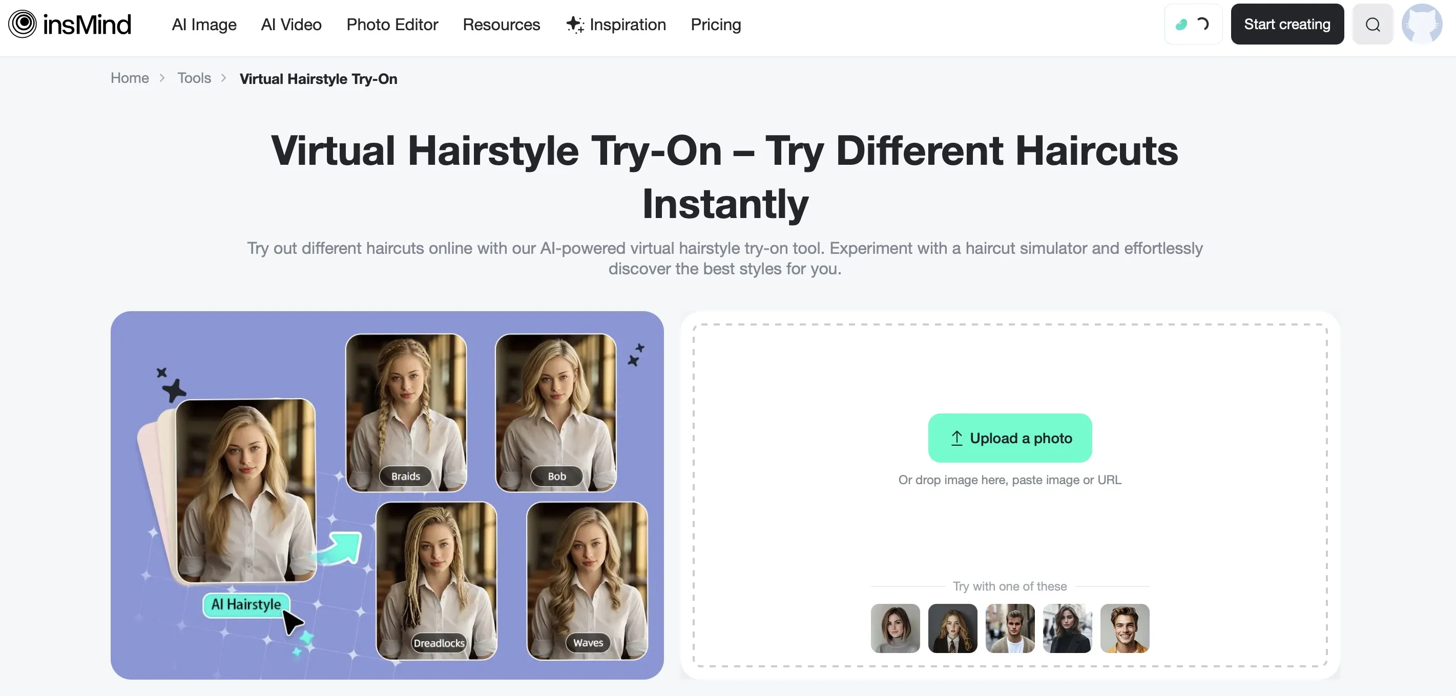 Start by uploading a clear, front-facing photo to try hairstyles online.