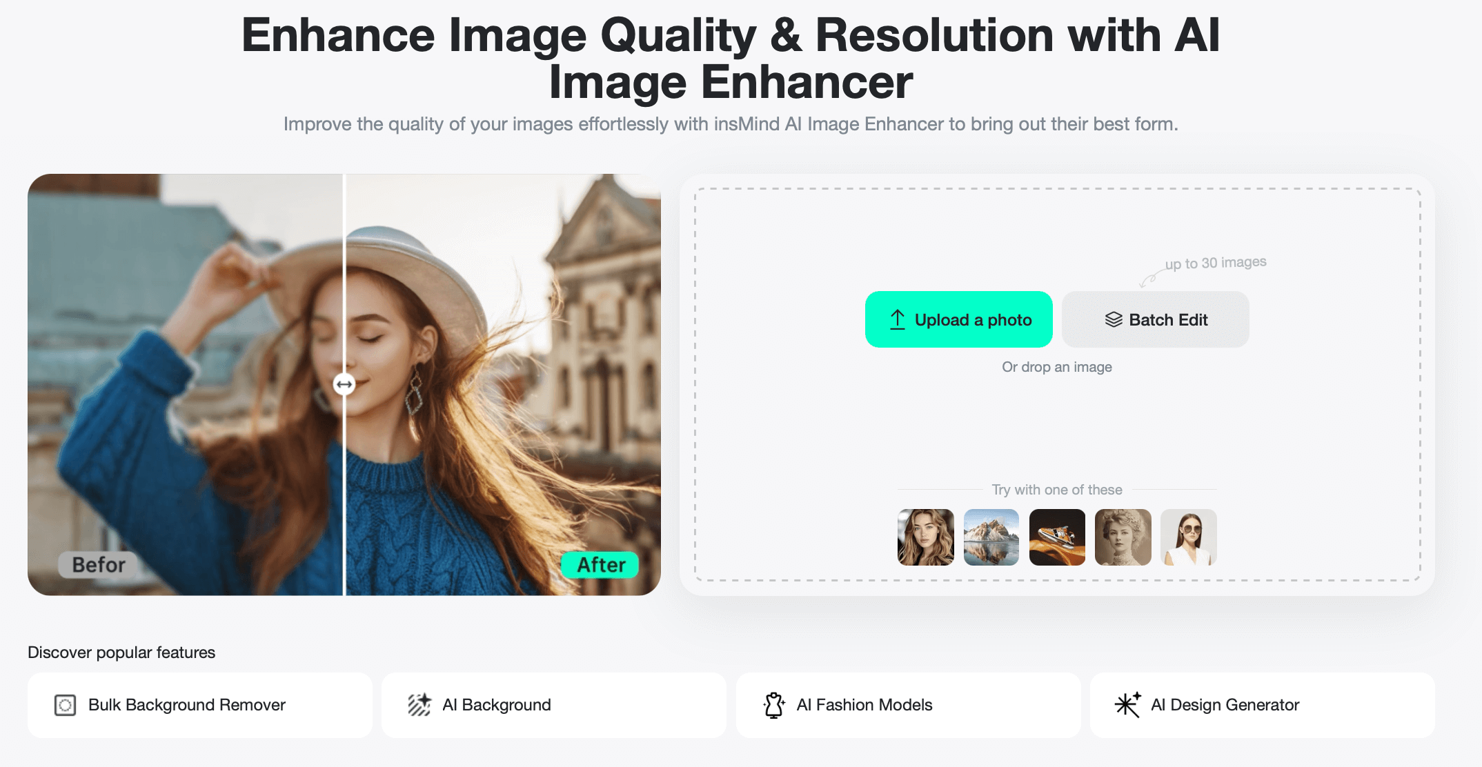 Use the insMind AI image enhancer to improve photo quality in seconds.