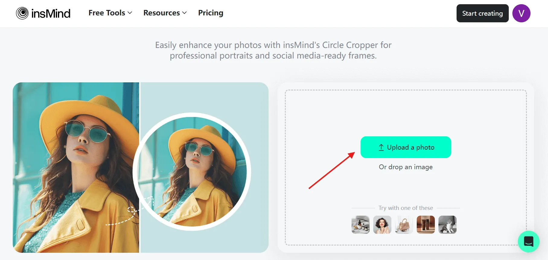 screenshot demonstrates how to upload your photo to Circle Cropper in insMind