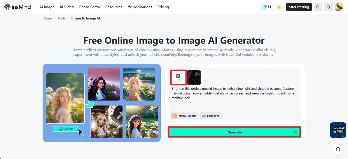 Add your underexposed photo and prompt to fix dark photo