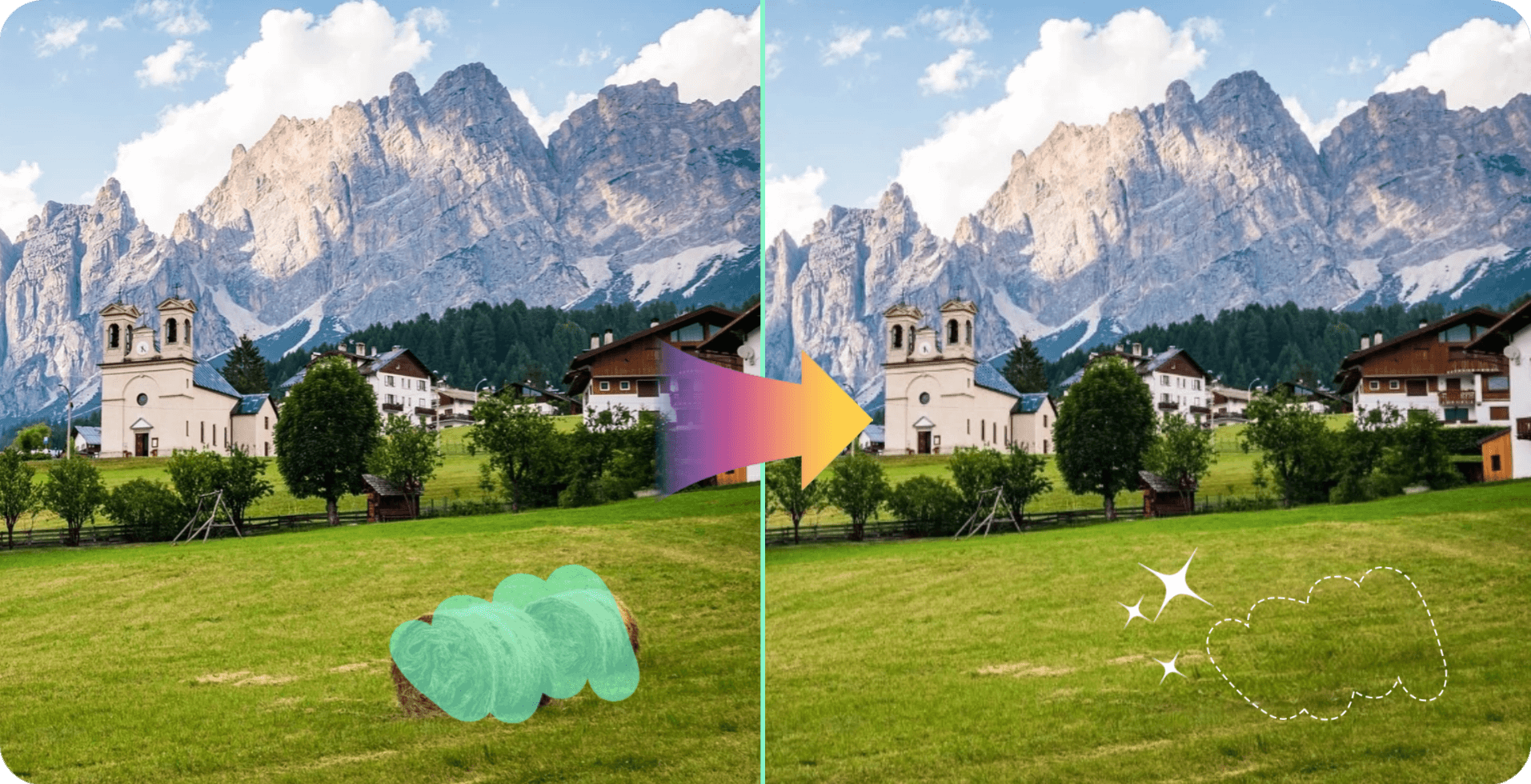 Demonstration image showing a photo before and after using the AI Magic Eraser tool