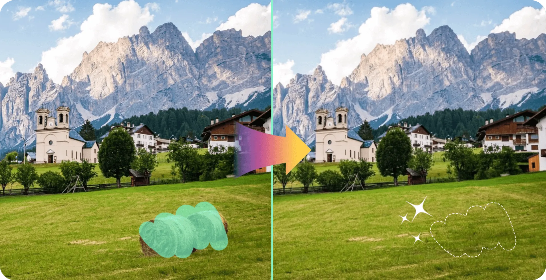 Demonstration image showing a photo before and after using the AI Magic Eraser tool