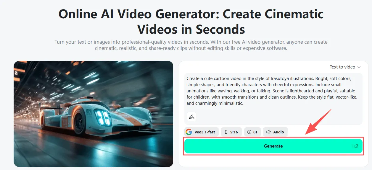 Click the "Generate" button to create your video using Google Veo 3.1 on insMind