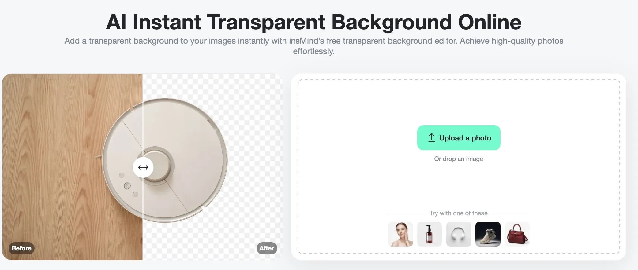 Screenshot showing how to access the Transparent Background Tool in the insMind interface