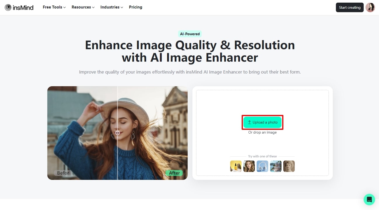 Tool Page of AI Image Enhancer of insMind - How to Sharpen an Image 