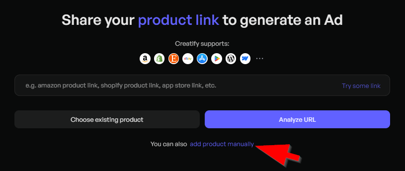 Creatify product URL ad creation screen