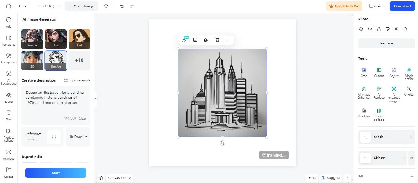 Screenshot of the process of creating an architecture art with insMind's AI Image Generator in Line Art