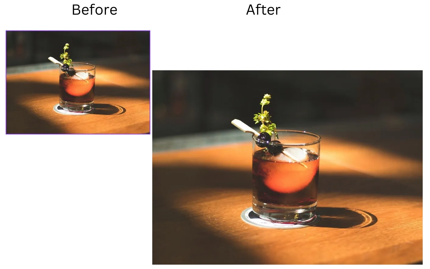 Demonstration image showing a photo before and after Upscalering the photo using the insMind tool