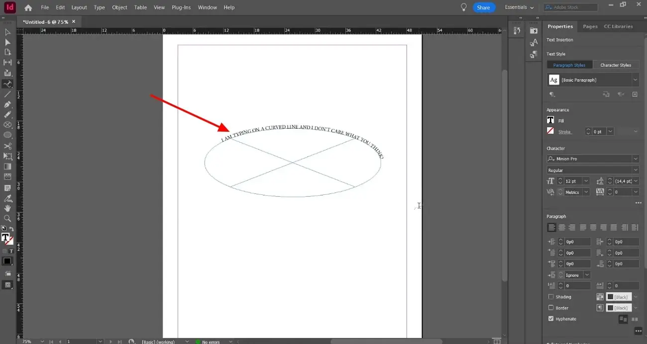 Screenshot that shows how to adjust the path line and text style with Adobe InDesign - How to Curve Text