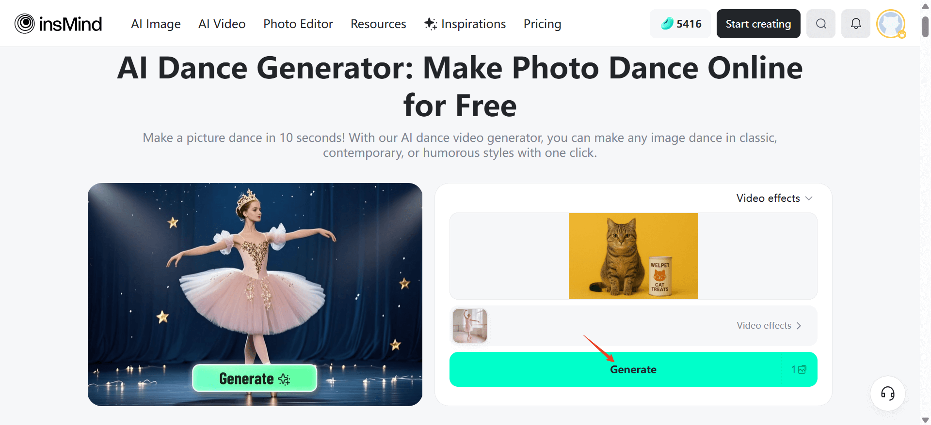 Click Generate to create a realistic dancing video from your pet's photo.