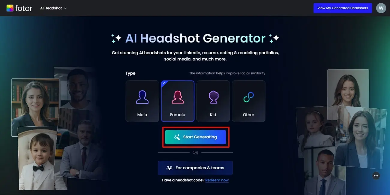 Start generating AI yearbook in Fotor by clicking the "Generate Free AI Yearbook Photo" button