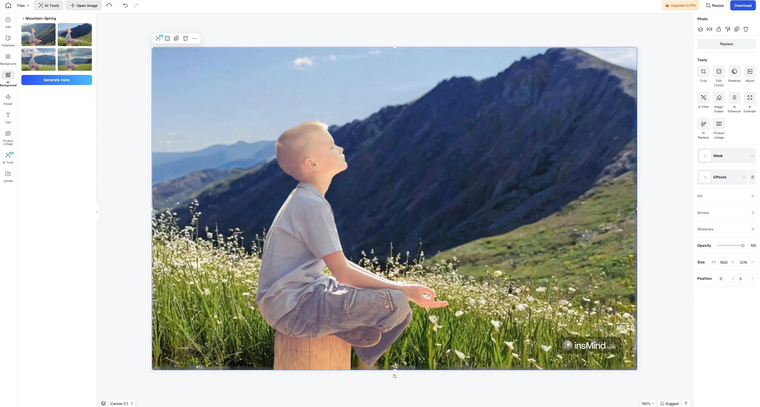 Image show casing the process of applying a new background to a photo using insMind