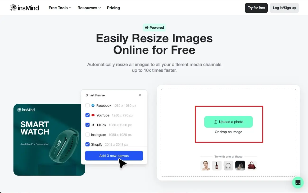 Screenshot that shows how to upload image to use the smart resize feature of insMind