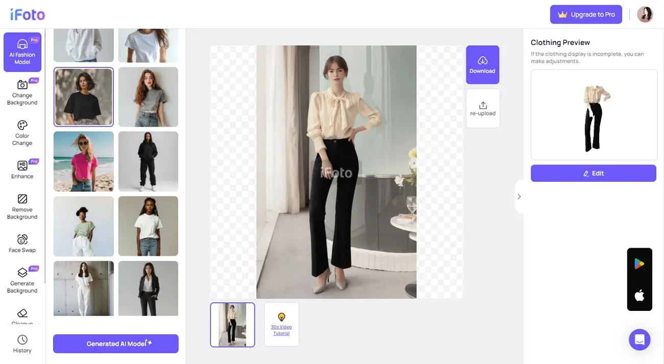 Screeshot of the design interface of iFoto.ai's AI Clothing Model