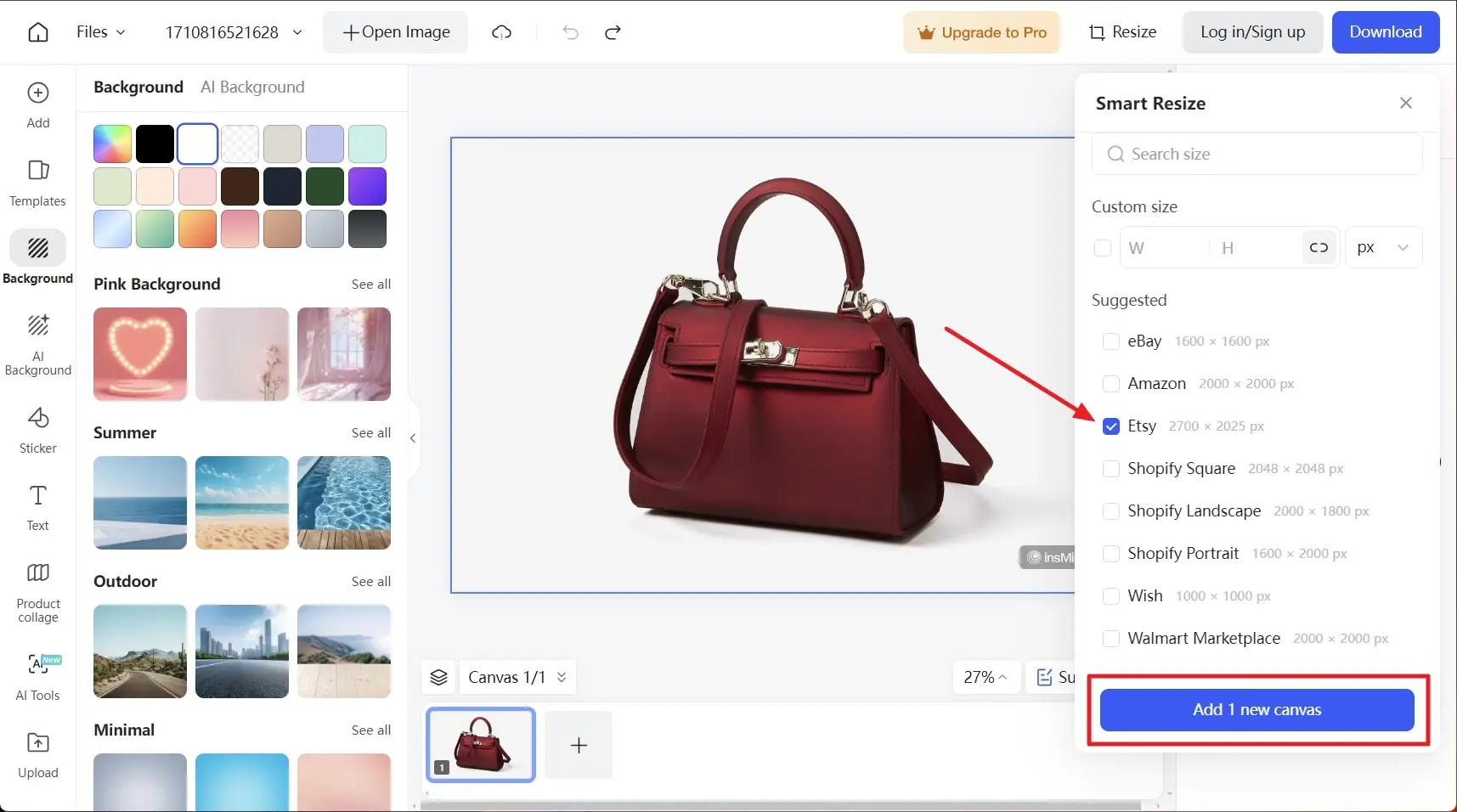 Screenshot that shows insMind's Smart Resize helps people resize image to fit Etsy's requirements