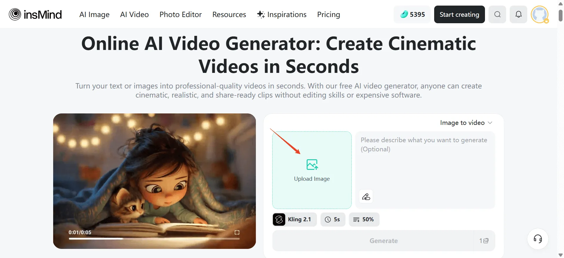 Upload JPG, PNG, or WEBP images to create videos using insMind’s AI tool.