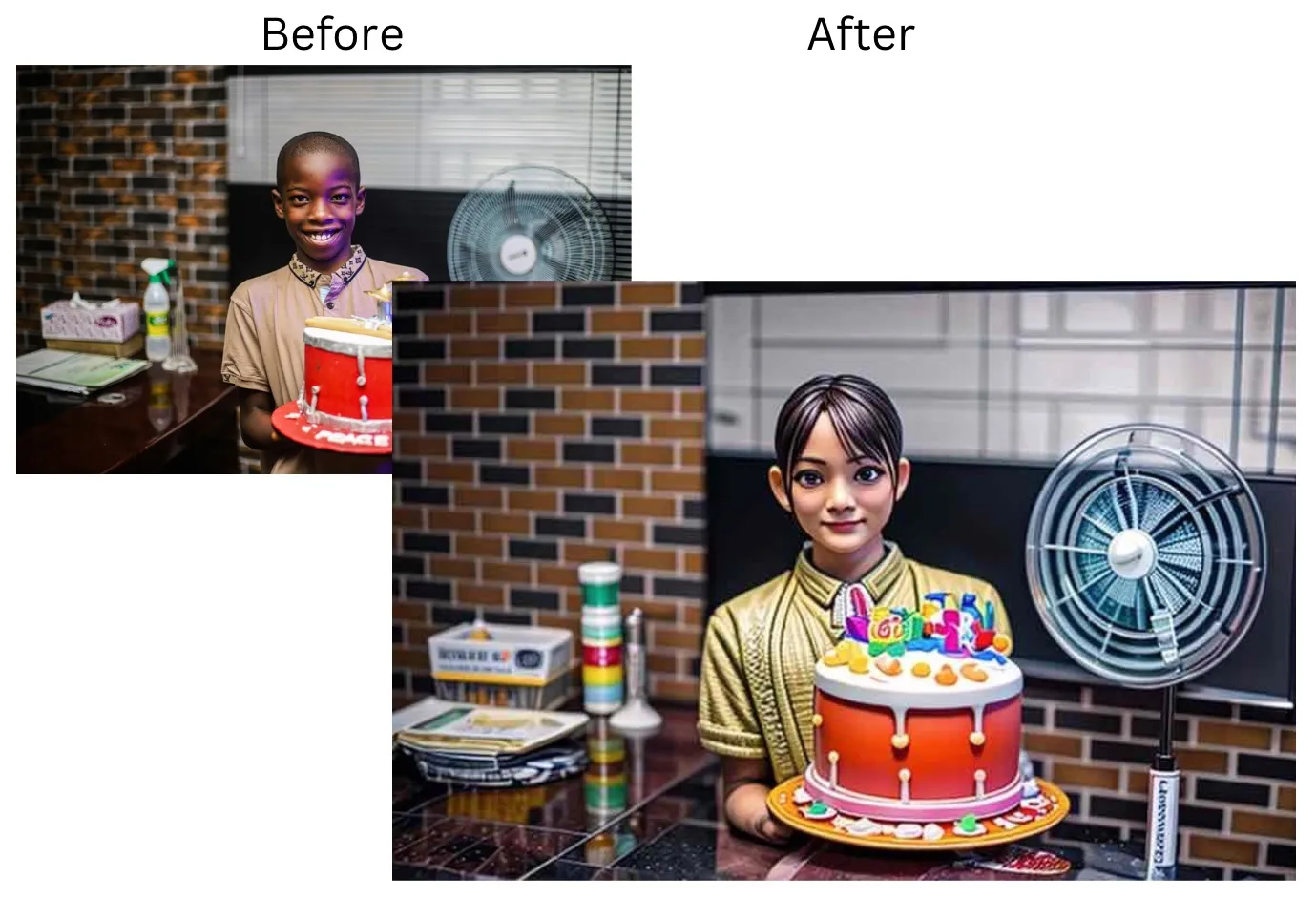 Demonstration image showing a photo before and after changing Cartoon Filters the  using the insMind tool