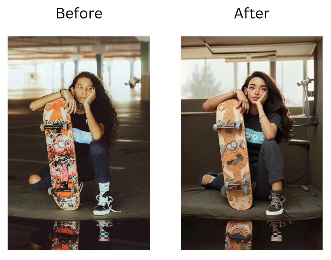 Demonstration image showing a photo before and after adding filter using the insMind tool