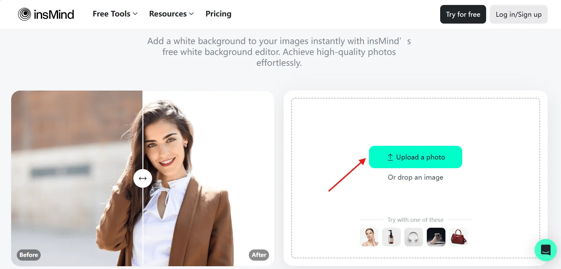 upload your photo to white background editor using insMind