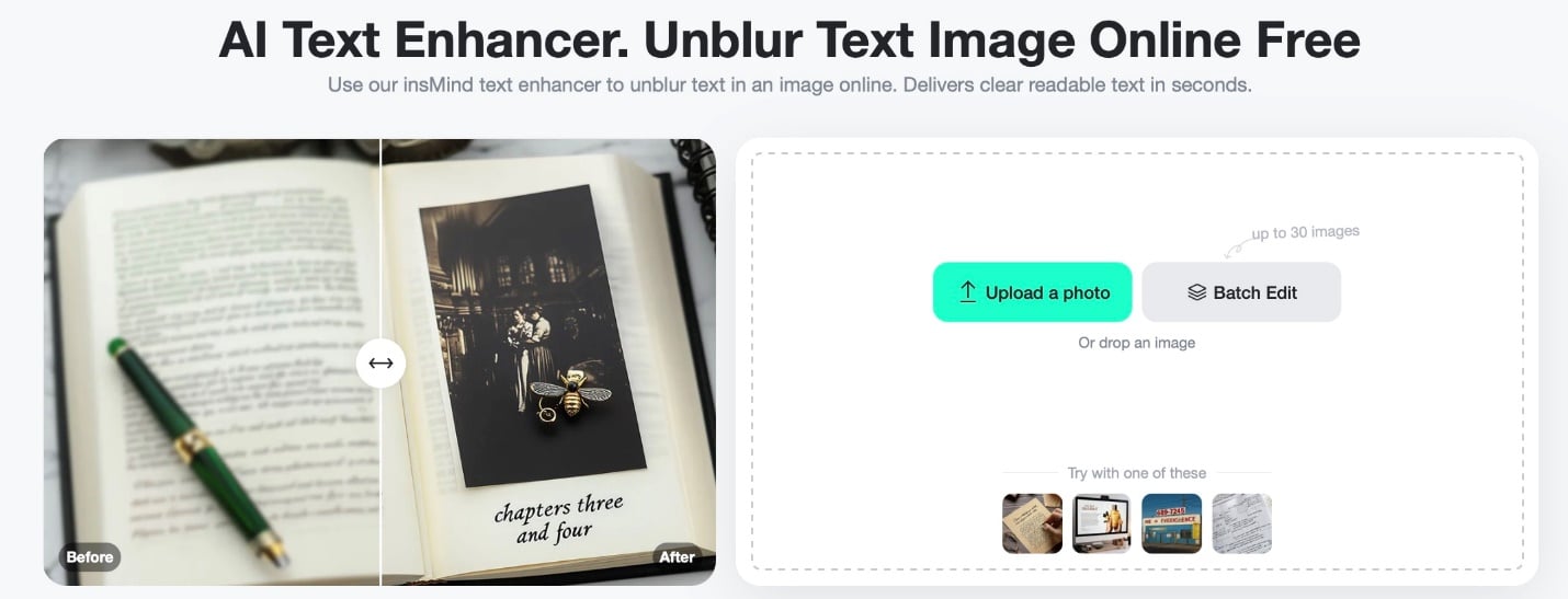 Screenshot showing how to access the Unblur Text Tool in the insMind interface