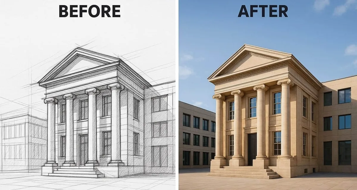 AI makes drawing realistic by rebuilding buildings with precise perspective and textures.