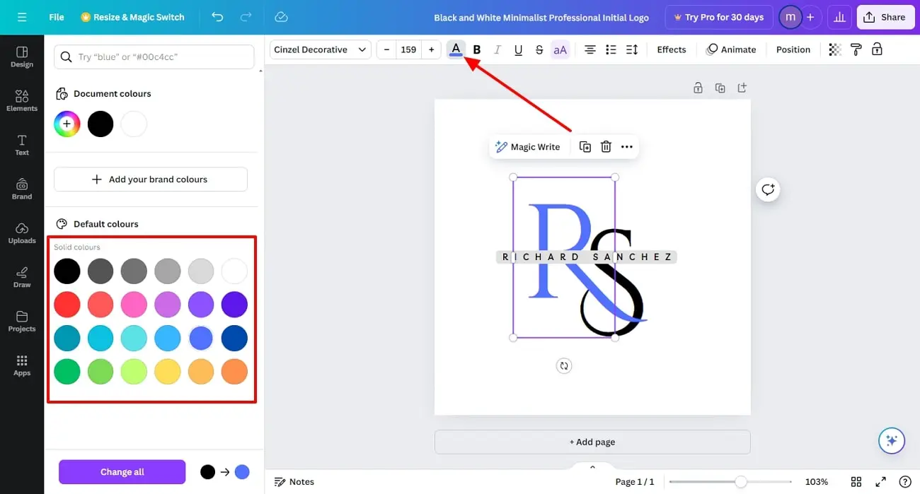 Screenshot that shows how to change logo text color in canva