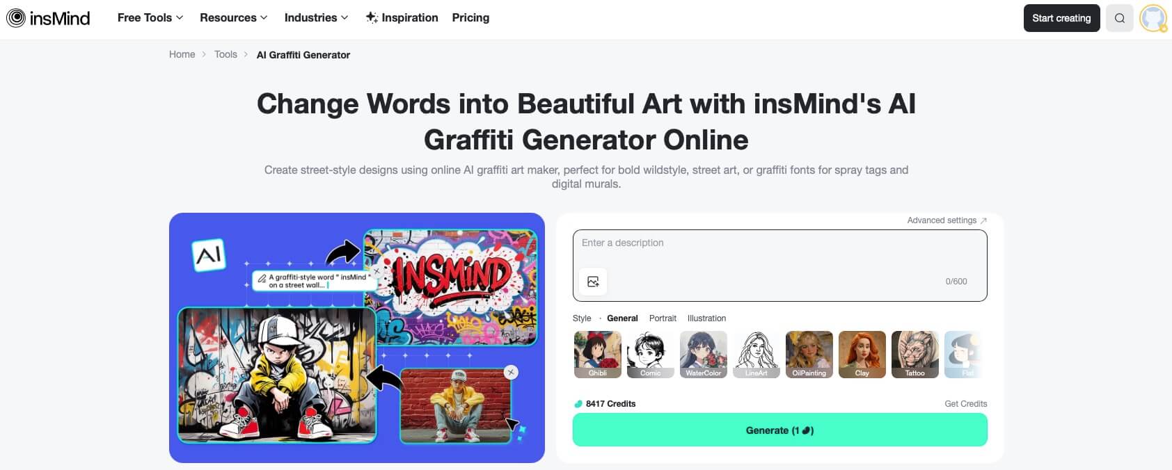 Open insMind's AI graffiti tool directly from your browser.