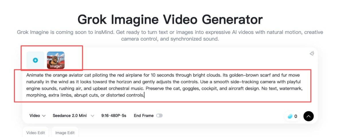 Add Image and Prompt Grok Imagine workspace with an uploaded image and detailed video prompt.