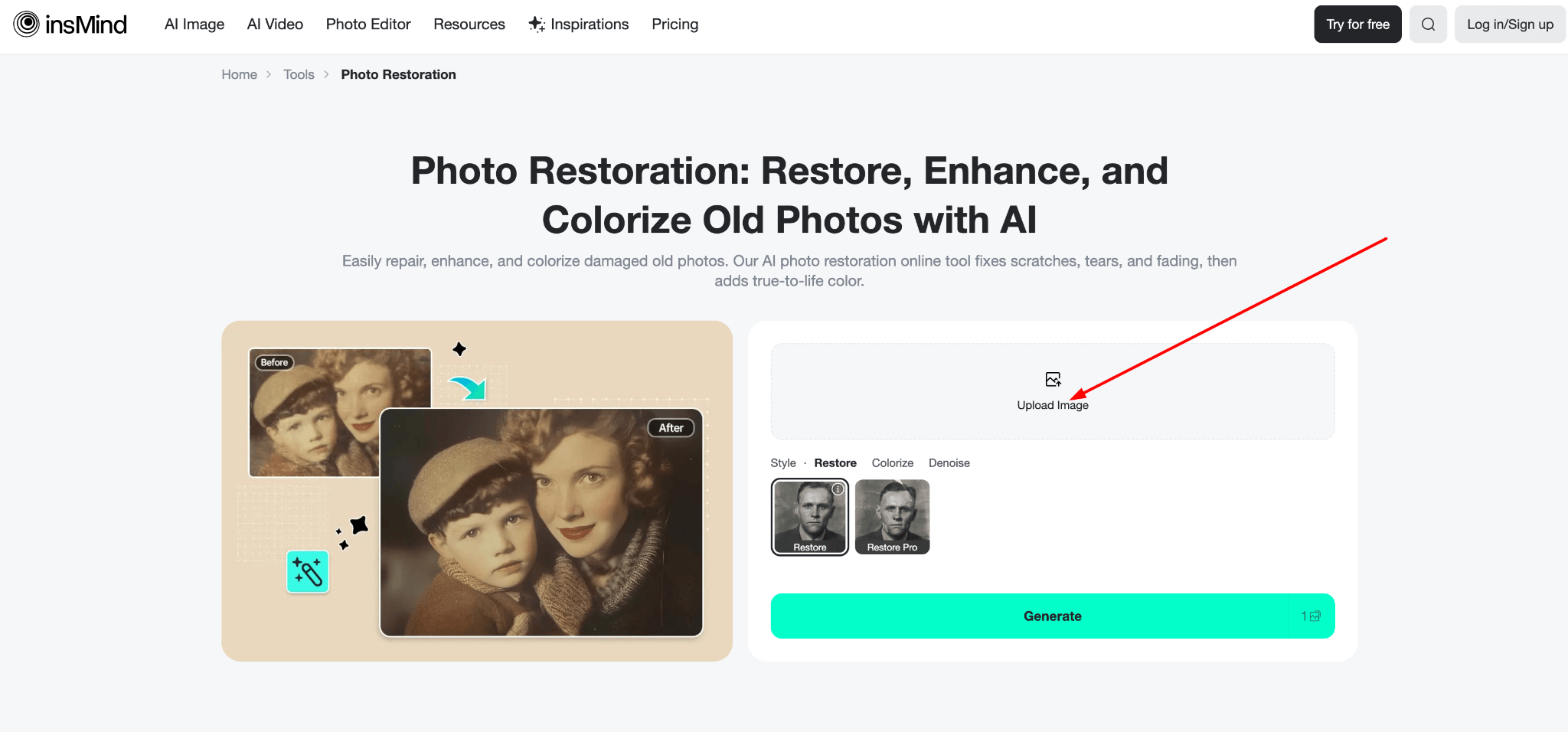 Upload old portraits or damaged photos to restore and enhance with AI.
