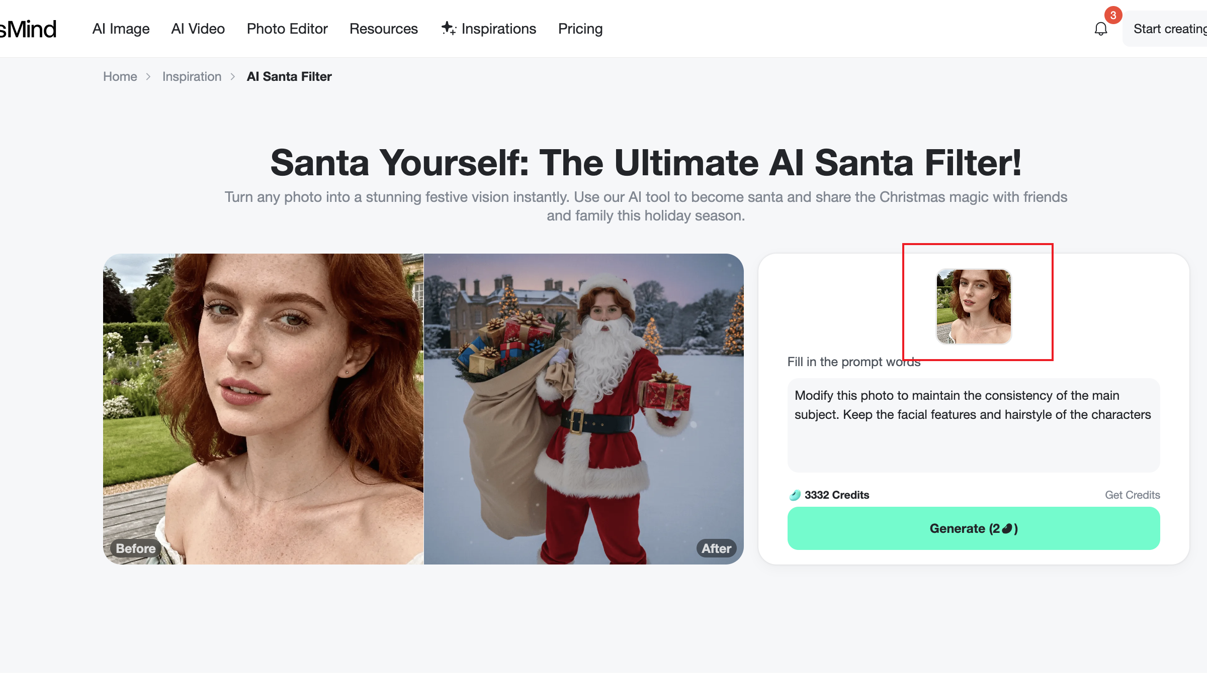 Upload Your Photo Upload your photo on insMind's AI Santa Filter