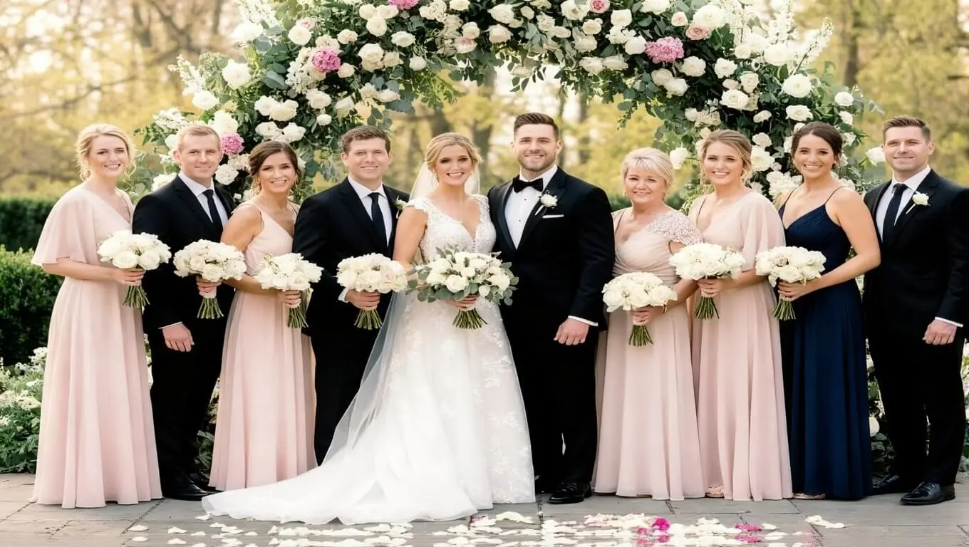 Craft an elegant wedding group portrait with the AI group photo generator for polished and professional results.
