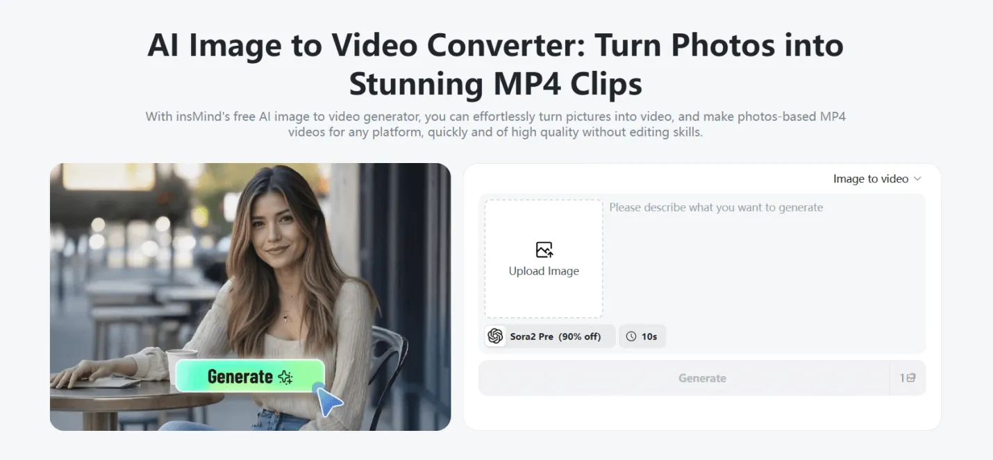 Explore the insMind interface for converting images into videos.