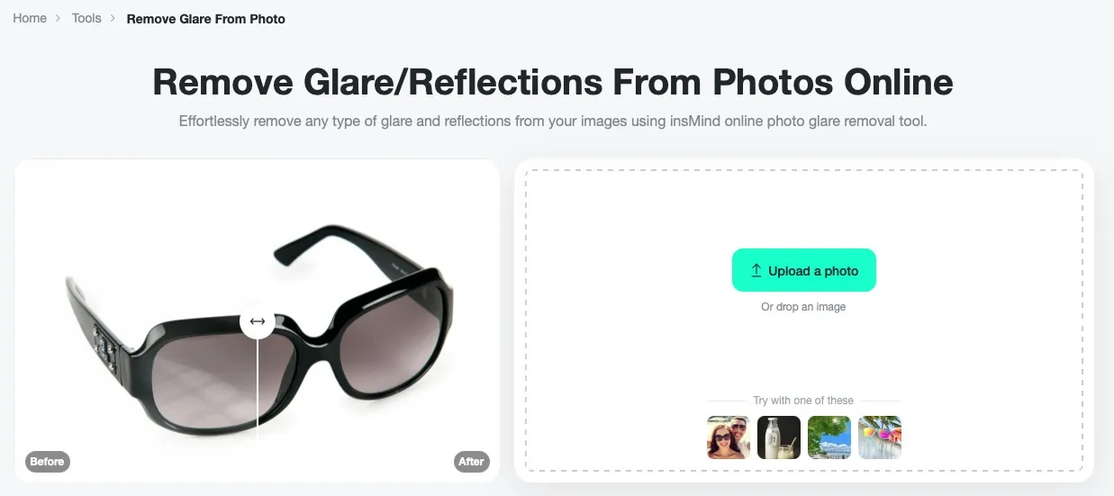 Start glare removal by accessing the tool on insMind's AI photo editor.