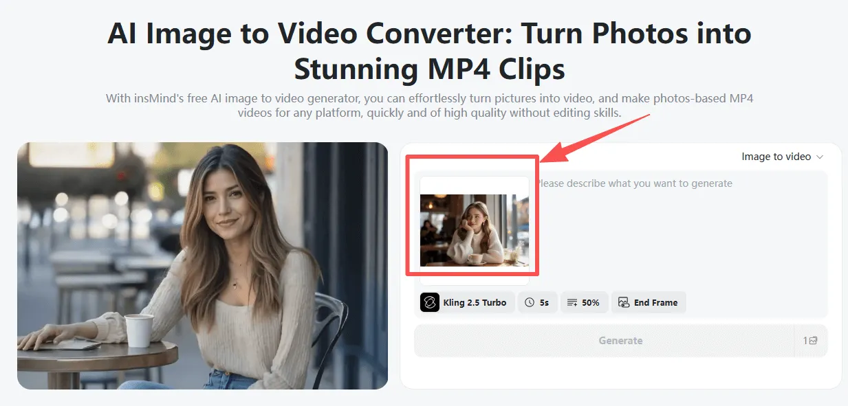 insMind Upload Portrait Photo Interface Upload Portrait Photo to make a video