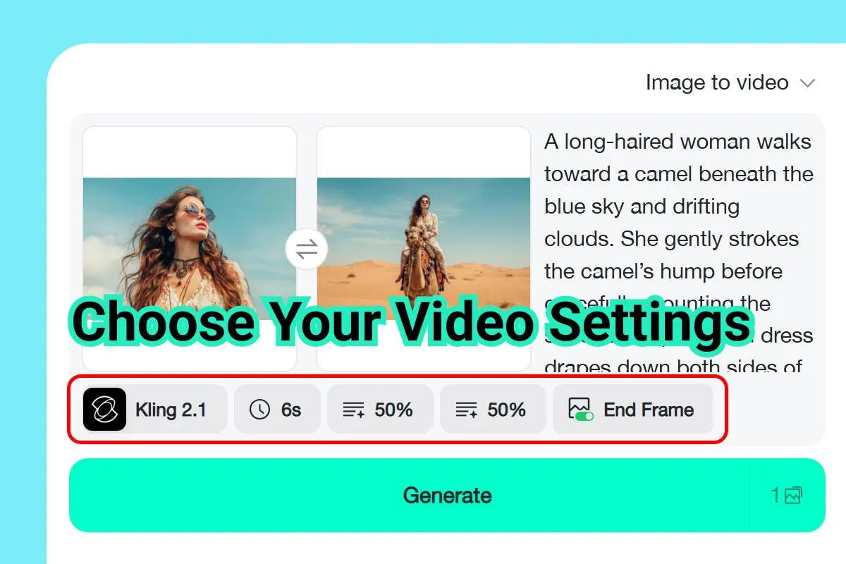 Adjust video settings for perfect transitions using the AI Start-End Frame Generator.