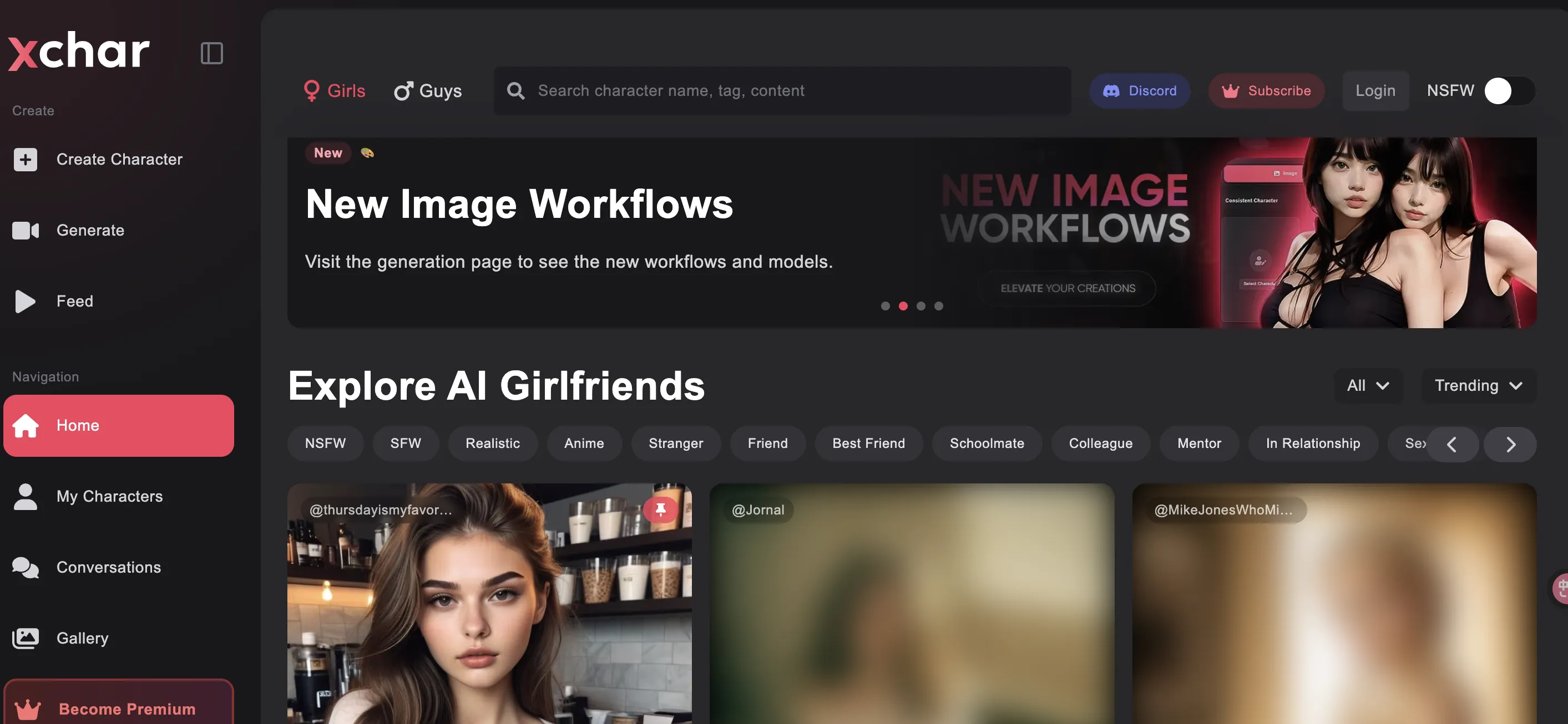 Xchar AI girlfriend platform interface Xchar AI girlfriend platform interface showing character customization and chat features.