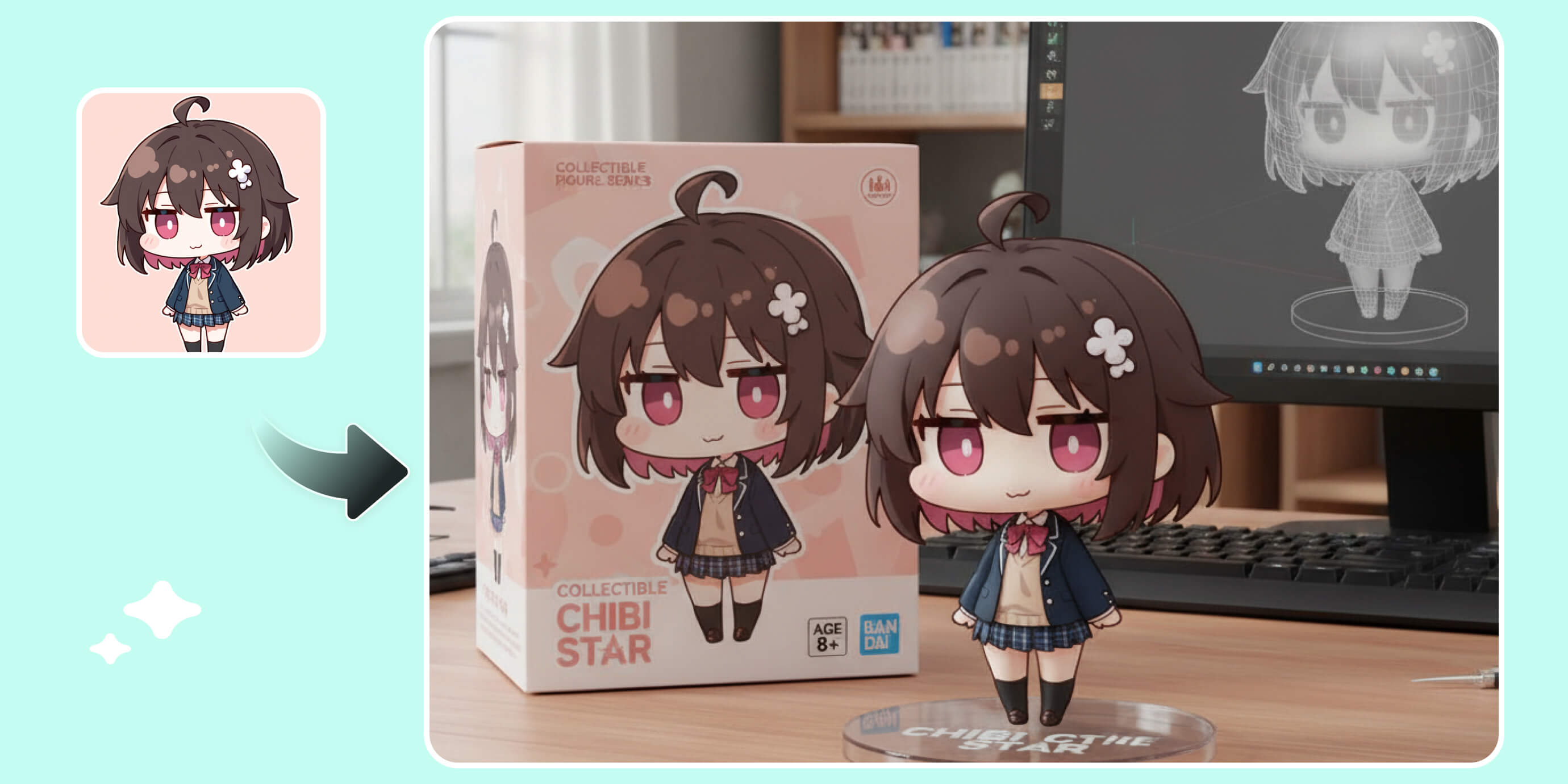 create a 1/7 scale commercialized figurine of the characters in the picture, in a realistic style, in a real environment. The figurine is placed on a computer desk. The figurine has a round transparent acrylic base, with no text on the base. The content on the computer screen is a 3D modeling process of this figurine. Next to the computer screen is a toy packaging box, designed in a style reminiscent of high quality collectible figures, printed with original artwork. The packaging features two-dimensional flat illustrations.