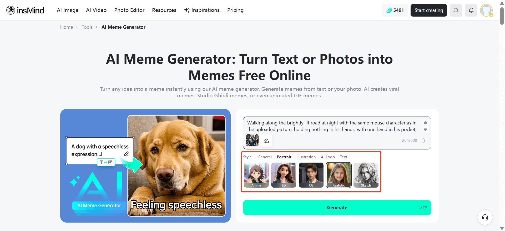 Select a style—realistic, anime, or 3D—to fit your meme's vibe.