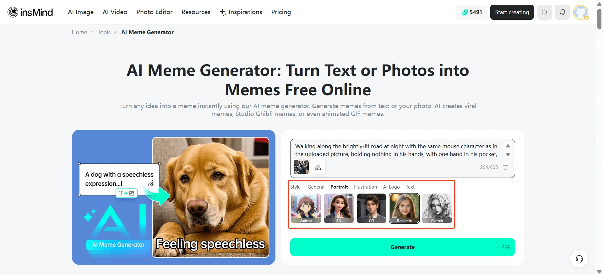 Select a style—realistic, anime, or 3D—to fit your meme's vibe.