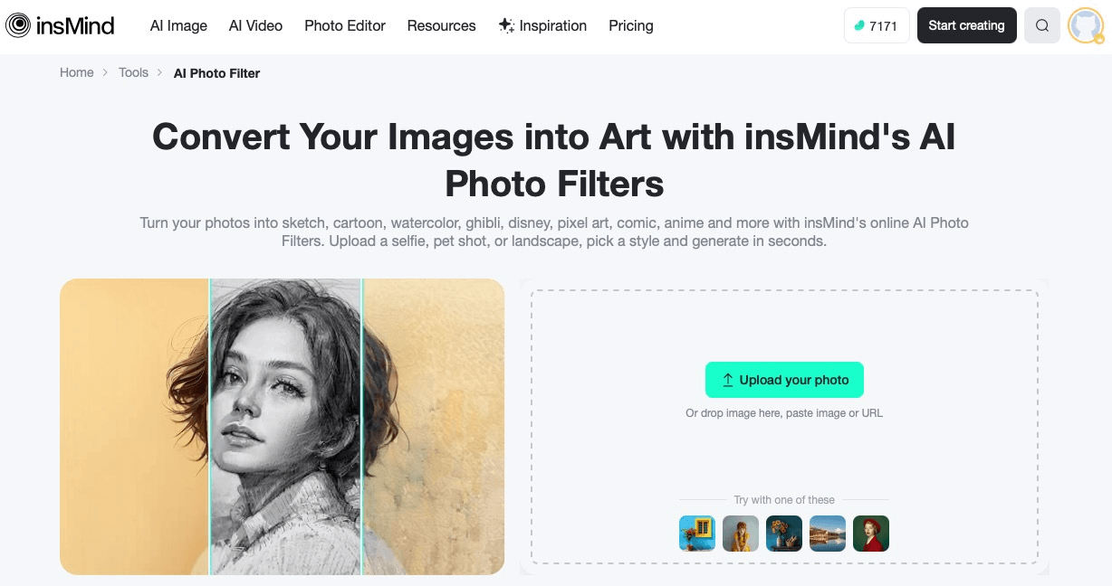 Visit insMind and launch the AI Filter tool directly in your browser.