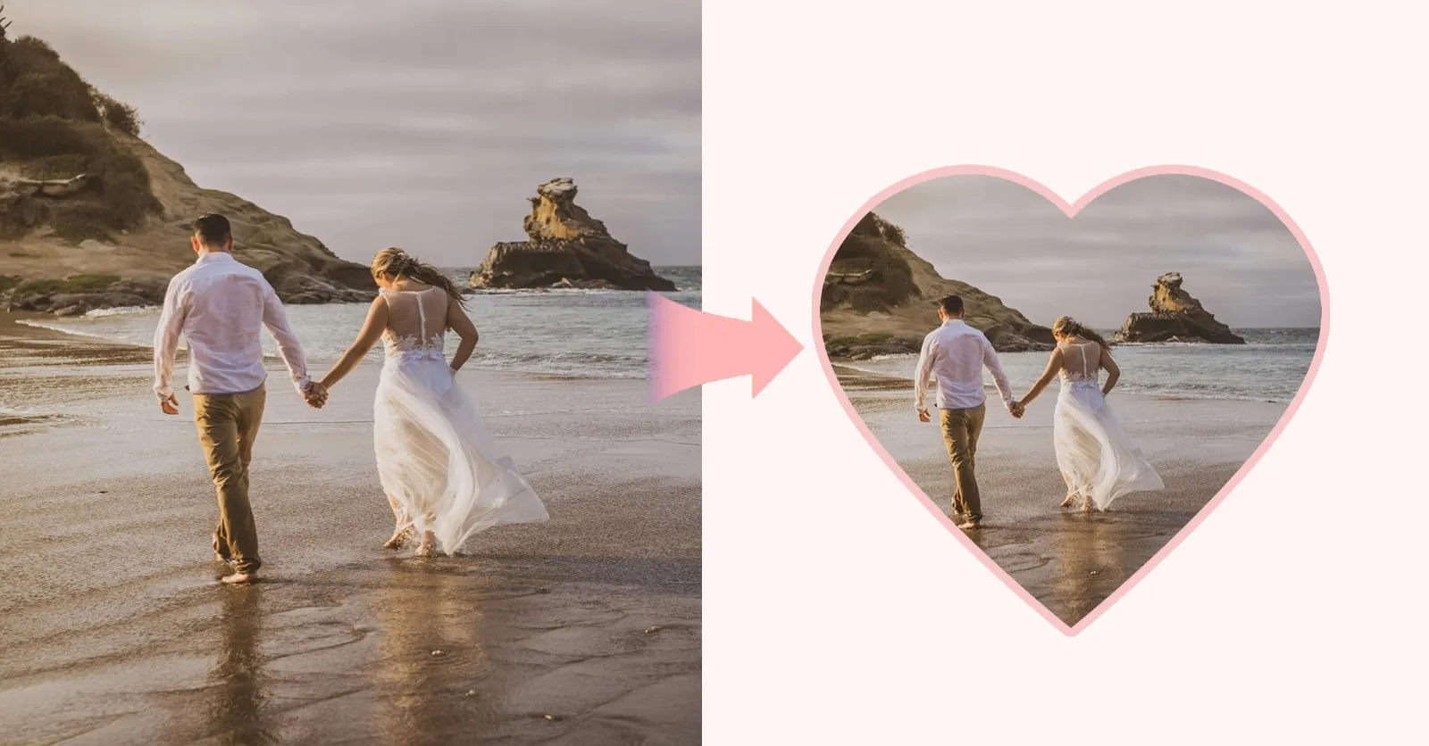 Demonstration image showing a photo before and after using the Heart Cropper Tool