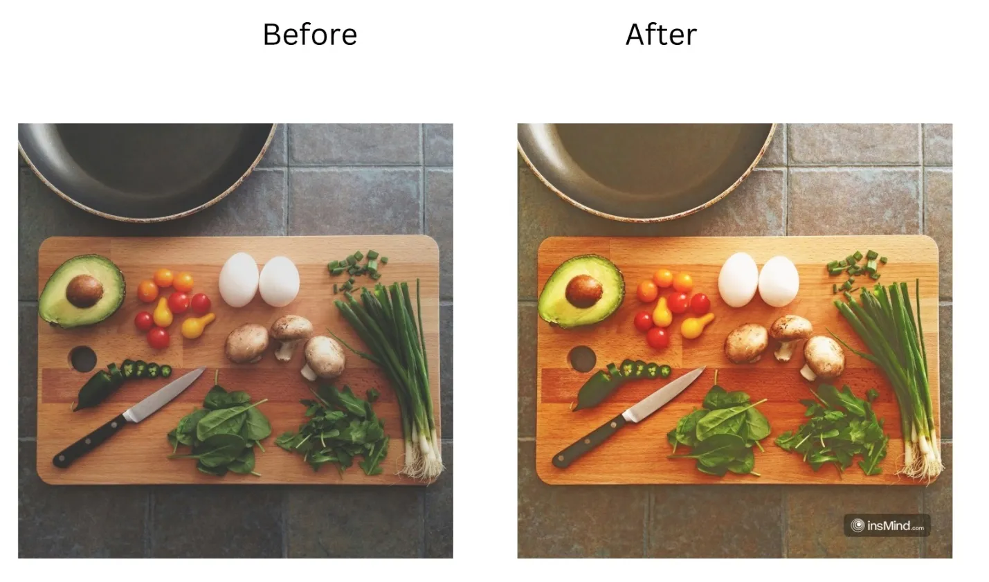 Demonstration image showing a photo before and after changing the Image Brightener using the insMind tool